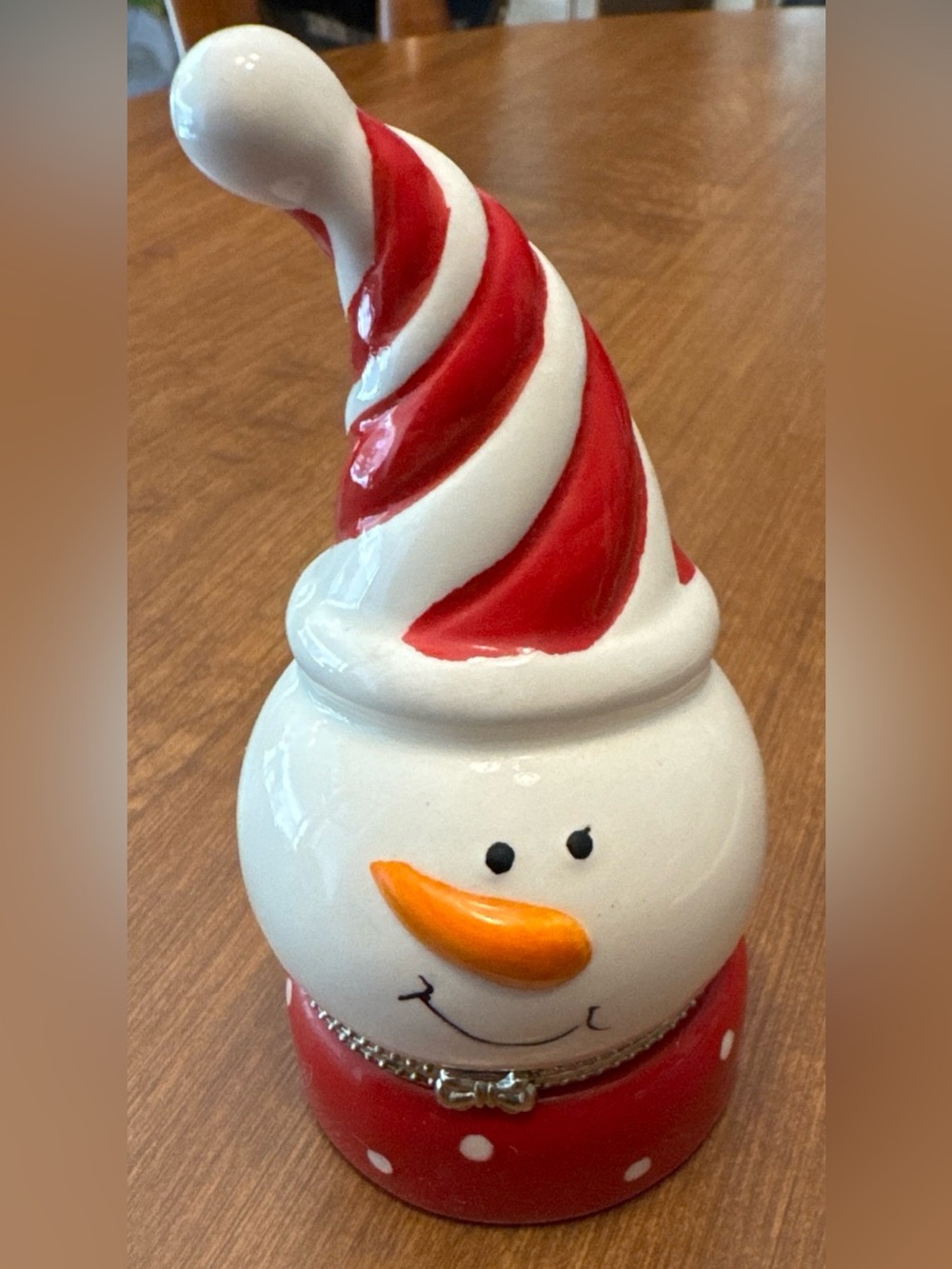 PHB Snowman Ceramic Trinket Box Hinged Lid Red White Stripe Jewelry Pill Storage